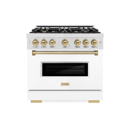 ZLINE Autograph Edition 36 in. 5.2 cu. ft. Classic Gas Range with 6 Burner Cooktop and Convection Gas Oven in Satin Stainless Steel with White Matte Door and Champagne Bronze Accents (CGRSZ-WM-36-CB)