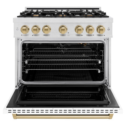 ZLINE Autograph Edition 36 in. 5.2 cu. ft. Classic Gas Range with 6 Burner Cooktop and Convection Gas Oven in Satin Stainless Steel with White Matte Door and Champagne Bronze Accents (CGRSZ-WM-36-CB)