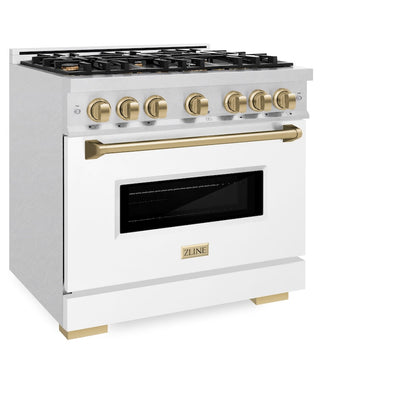 ZLINE Autograph Edition 36 in. 5.2 cu. ft. Classic Gas Range with 6 Burner Cooktop and Convection Gas Oven in Satin Stainless Steel with White Matte Door and Champagne Bronze Accents (CGRSZ-WM-36-CB)