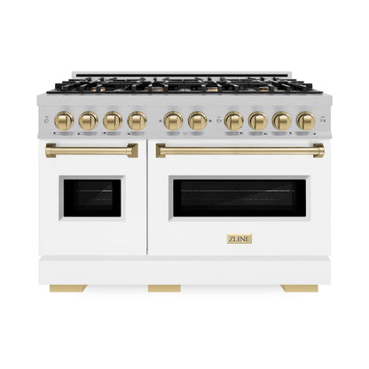 ZLINE Autograph Edition 48 in. 6.7 cu. ft. Classic Double Oven Gas Range with 8 Burner Cooktop in Satin Stainless Steel with White Matte Doors and Champagne Bronze Accents (CGRSZ-WM-48-CB)