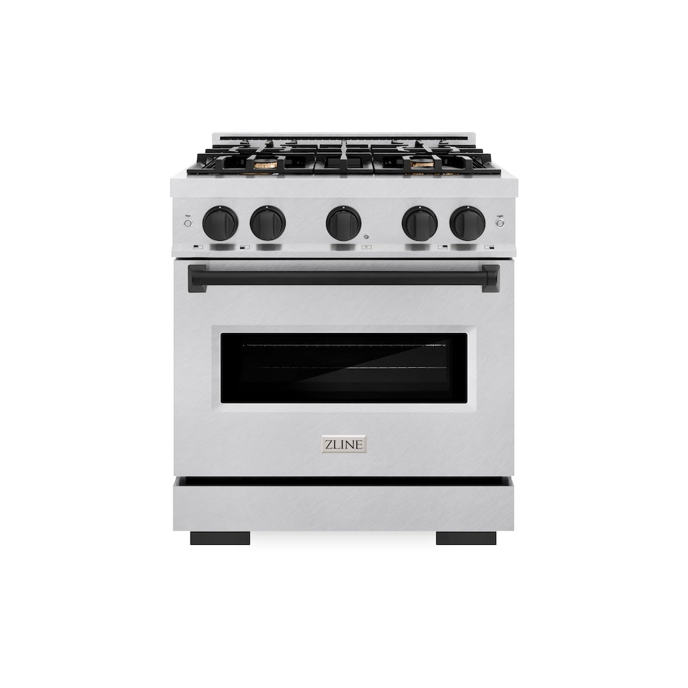 ZLINE Autograph Edition 30 in. 4.2 cu. ft. Classic Gas Range with 4 Burner Cooktop and Convection Gas Oven in Satin Stainless Steel and Matte Black Accents (CGRSZ-30-MB)