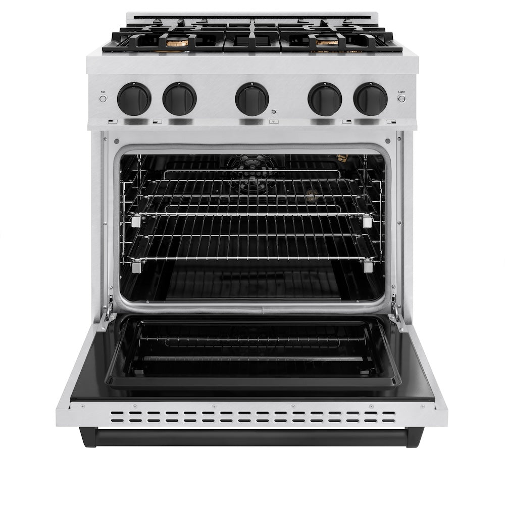 ZLINE Autograph Edition 30 in. 4.2 cu. ft. Classic Gas Range with 4 Burner Cooktop and Convection Gas Oven in Satin Stainless Steel and Matte Black Accents (CGRSZ-30-MB)