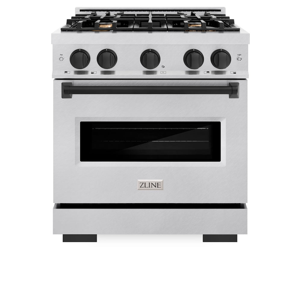 ZLINE Autograph Edition 30 in. 4.2 cu. ft. Classic Gas Range with 4 Burner Cooktop and Convection Gas Oven in Satin Stainless Steel and Matte Black Accents (CGRSZ-30-MB)