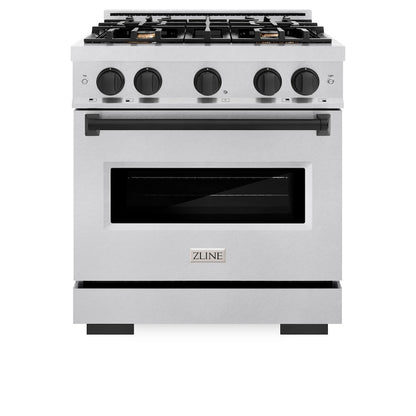 ZLINE Autograph Edition 30 in. 4.2 cu. ft. Classic Gas Range with 4 Burner Cooktop and Convection Gas Oven in Satin Stainless Steel and Matte Black Accents (CGRSZ-30-MB)