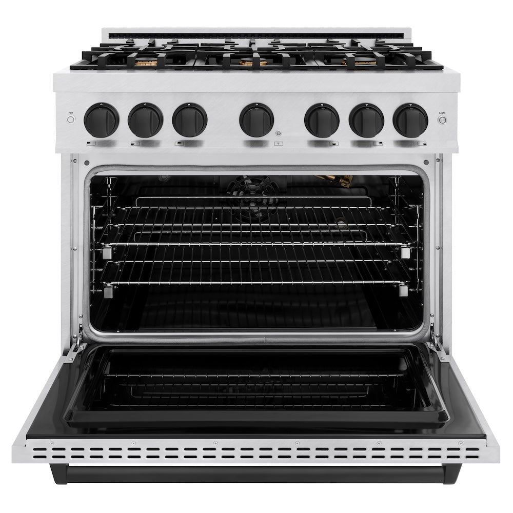 ZLINE Autograph Edition 36 in. 5.2 cu. ft. Classic Gas Range with 6 Burner Cooktop and Convection Gas Oven in Satin Stainless Steel and Matte Black Accents (CGRSZ-36-MB)