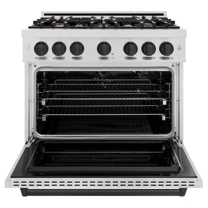 ZLINE Autograph Edition 36 in. 5.2 cu. ft. Classic Gas Range with 6 Burner Cooktop and Convection Gas Oven in Satin Stainless Steel and Matte Black Accents (CGRSZ-36-MB)