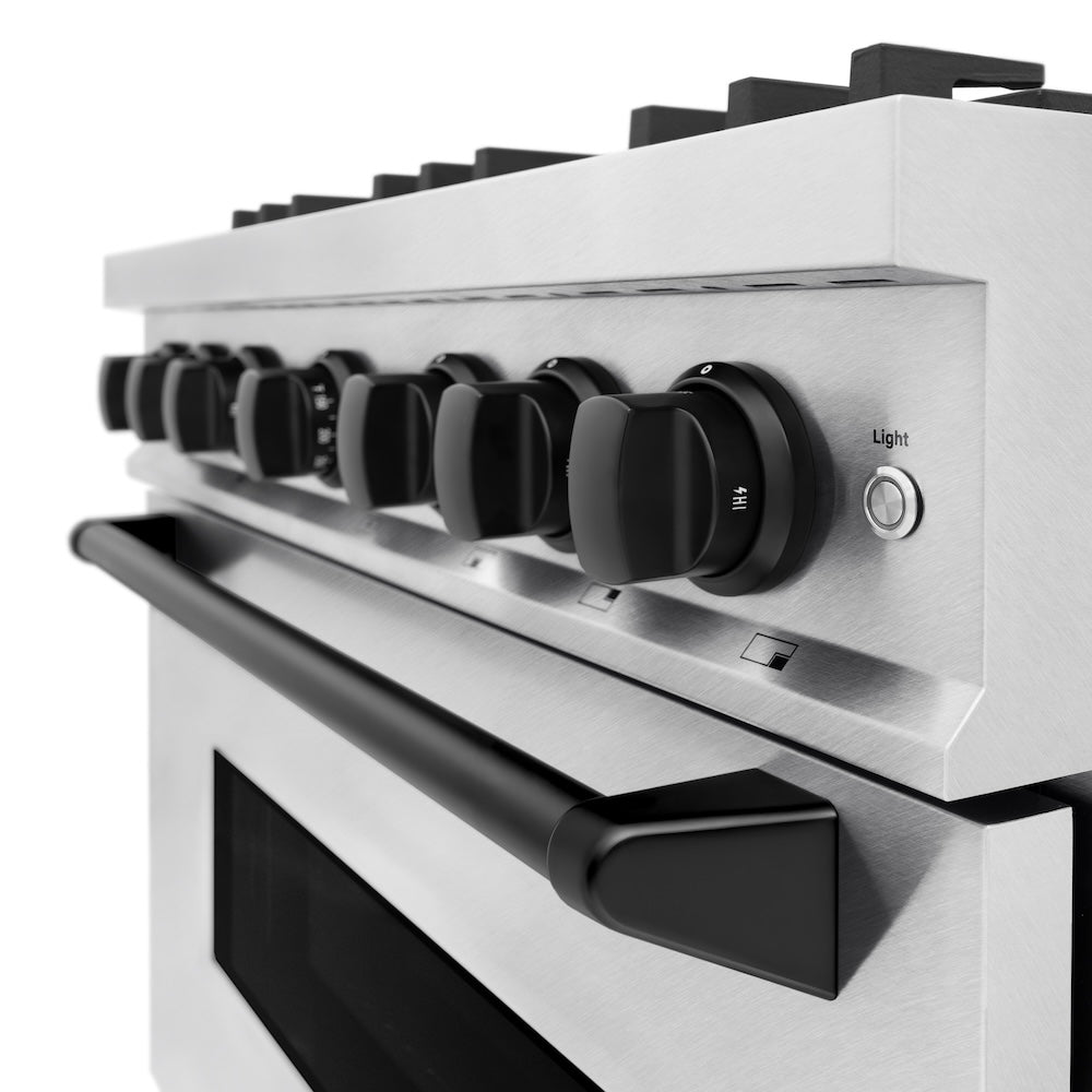 ZLINE Autograph Edition 36 in. 5.2 cu. ft. Classic Gas Range with 6 Burner Cooktop and Convection Gas Oven in Satin Stainless Steel and Matte Black Accents (CGRSZ-36-MB)