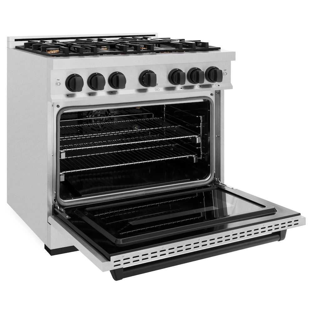 ZLINE Autograph Edition 36 in. 5.2 cu. ft. Classic Gas Range with 6 Burner Cooktop and Convection Gas Oven in Satin Stainless Steel and Matte Black Accents (CGRSZ-36-MB)