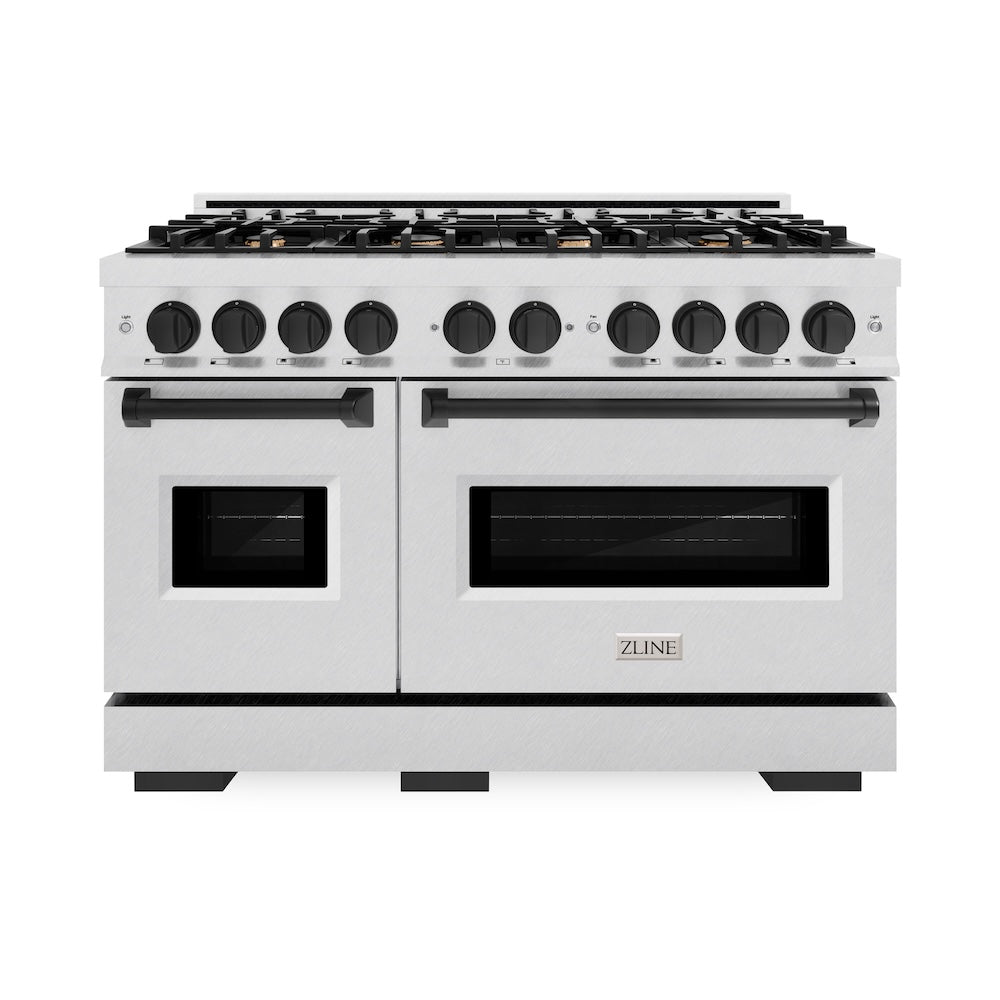 ZLINE Autograph Edition 48 in. 6.7 cu. ft. Classic Double Oven Gas Range with 8 Burner Cooktop in Satin Stainless Steel and Matte Black Accents (CGRSZ-48-MB)
