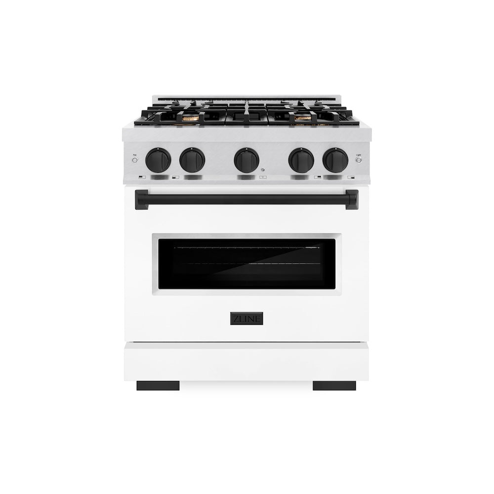ZLINE Autograph Edition 30 in. 4.2 cu. ft. Classic Gas Range with 4 Burner Cooktop and Convection Gas Oven in Satin Stainless Steel with White Matte Door and Matte Black Accents (CGRSZ-WM-30-MB)