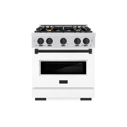 ZLINE Autograph Edition 30 in. 4.2 cu. ft. Classic Gas Range with 4 Burner Cooktop and Convection Gas Oven in Satin Stainless Steel with White Matte Door and Matte Black Accents (CGRSZ-WM-30-MB)