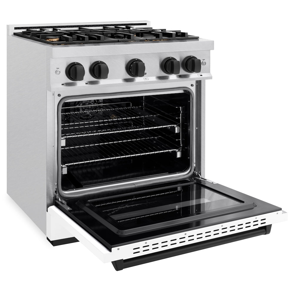 ZLINE Autograph Edition 30 in. 4.2 cu. ft. Classic Gas Range with 4 Burner Cooktop and Convection Gas Oven in Satin Stainless Steel with White Matte Door and Matte Black Accents (CGRSZ-WM-30-MB)