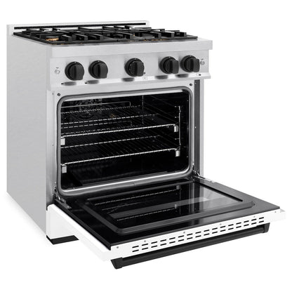 ZLINE Autograph Edition 30 in. 4.2 cu. ft. Classic Gas Range with 4 Burner Cooktop and Convection Gas Oven in Satin Stainless Steel with White Matte Door and Matte Black Accents (CGRSZ-WM-30-MB)