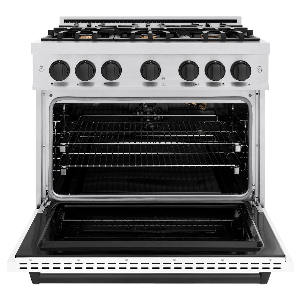 ZLINE Autograph Edition 36 in. 5.2 cu. ft. Classic Gas Range with 6 Burner Cooktop and Convection Gas Oven in Satin Stainless Steel with White Matte Door and Matte Black Accents (CGRSZ-WM-36-MB)