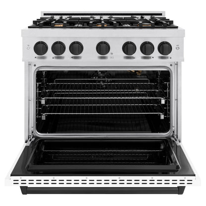 ZLINE Autograph Edition 36 in. 5.2 cu. ft. Classic Gas Range with 6 Burner Cooktop and Convection Gas Oven in Satin Stainless Steel with White Matte Door and Matte Black Accents (CGRSZ-WM-36-MB)