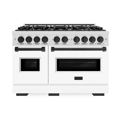 ZLINE Autograph Edition 48 in. 6.7 cu. ft. Classic Double Oven Gas Range with 8 Burner Cooktop in Satin Stainless Steel with White Matte Doors and Matte Black Accents (CGRSZ-WM-48-MB)