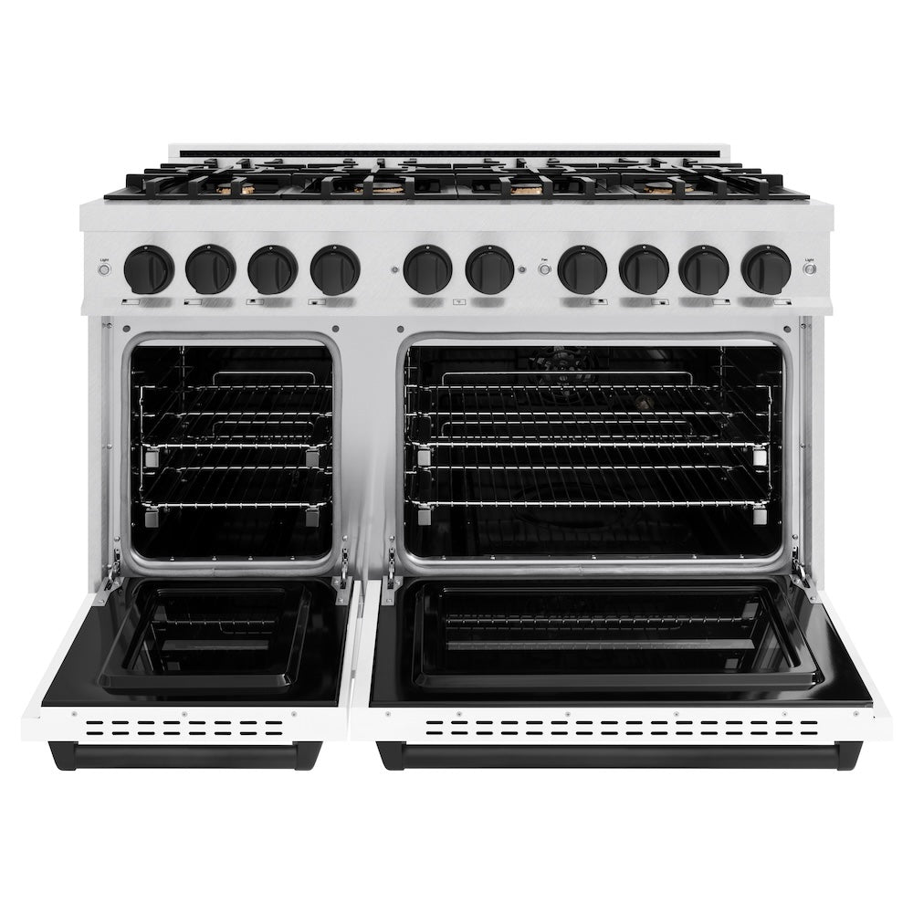 ZLINE Autograph Edition 48 in. 6.7 cu. ft. Classic Double Oven Gas Range with 8 Burner Cooktop in Satin Stainless Steel with White Matte Doors and Matte Black Accents (CGRSZ-WM-48-MB)