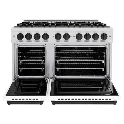 ZLINE Autograph Edition 48 in. 6.7 cu. ft. Classic Double Oven Gas Range with 8 Burner Cooktop in Satin Stainless Steel with White Matte Doors and Matte Black Accents (CGRSZ-WM-48-MB)