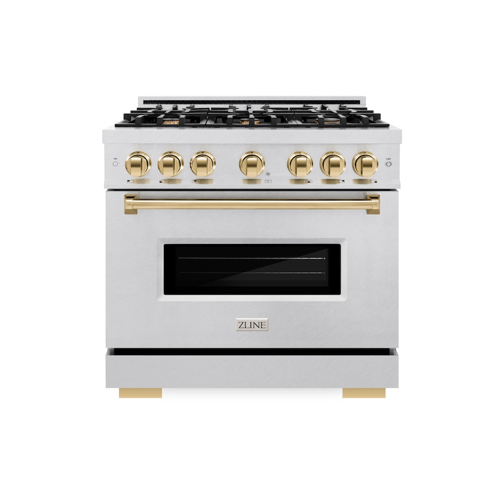 ZLINE Autograph Edition 36 in. 5.2 cu. ft. Classic Gas Range with 6 Burner Cooktop and Convection Gas Oven in Satin Stainless Steel and Polished Gold Accents (CGRSZ-36-G)