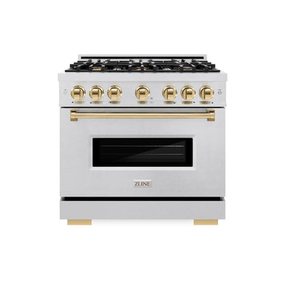 ZLINE Autograph Edition 36 in. 5.2 cu. ft. Classic Gas Range with 6 Burner Cooktop and Convection Gas Oven in Satin Stainless Steel and Polished Gold Accents (CGRSZ-36-G)