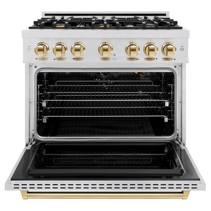 ZLINE Autograph Edition 36 in. 5.2 cu. ft. Classic Gas Range with 6 Burner Cooktop and Convection Gas Oven in Satin Stainless Steel and Polished Gold Accents (CGRSZ-36-G)