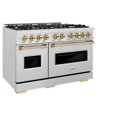 ZLINE Autograph Edition 48 in. 6.7 cu. ft. Classic Double Oven Gas Range with 8 Burner Cooktop in Satin Stainless Steel and Polished Gold Accents (CGRSZ-48-G)