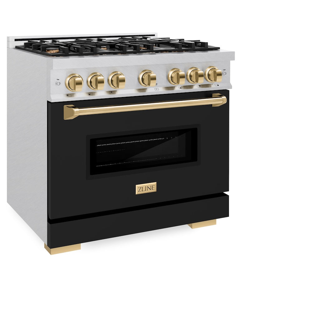 ZLINE Autograph Edition 36 in. 5.2 cu. ft. Classic Gas Range with 6 Burner Cooktop and Convection Gas Oven in Satin Stainless Steel with Black Matte Door and Polished Gold Accents (CGRSZ-BLM-36-G)