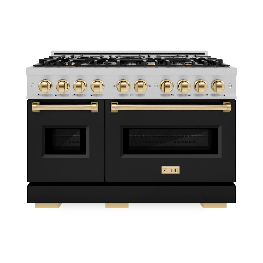ZLINE Autograph Edition 48 in. 6.7 cu. ft. Classic Double Oven Gas Range with 8 Burner Cooktop in Satin Stainless Steel with Black Matte Doors and Polished Gold Accents (CGRSZ-BLM-48-G)
