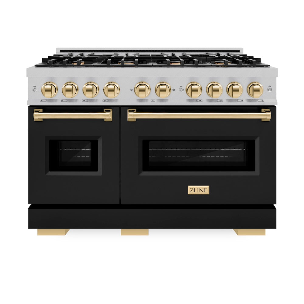 ZLINE Autograph Edition 48 in. 6.7 cu. ft. Classic Double Oven Gas Range with 8 Burner Cooktop in Satin Stainless Steel with Black Matte Doors and Polished Gold Accents (CGRSZ-BLM-48-G)