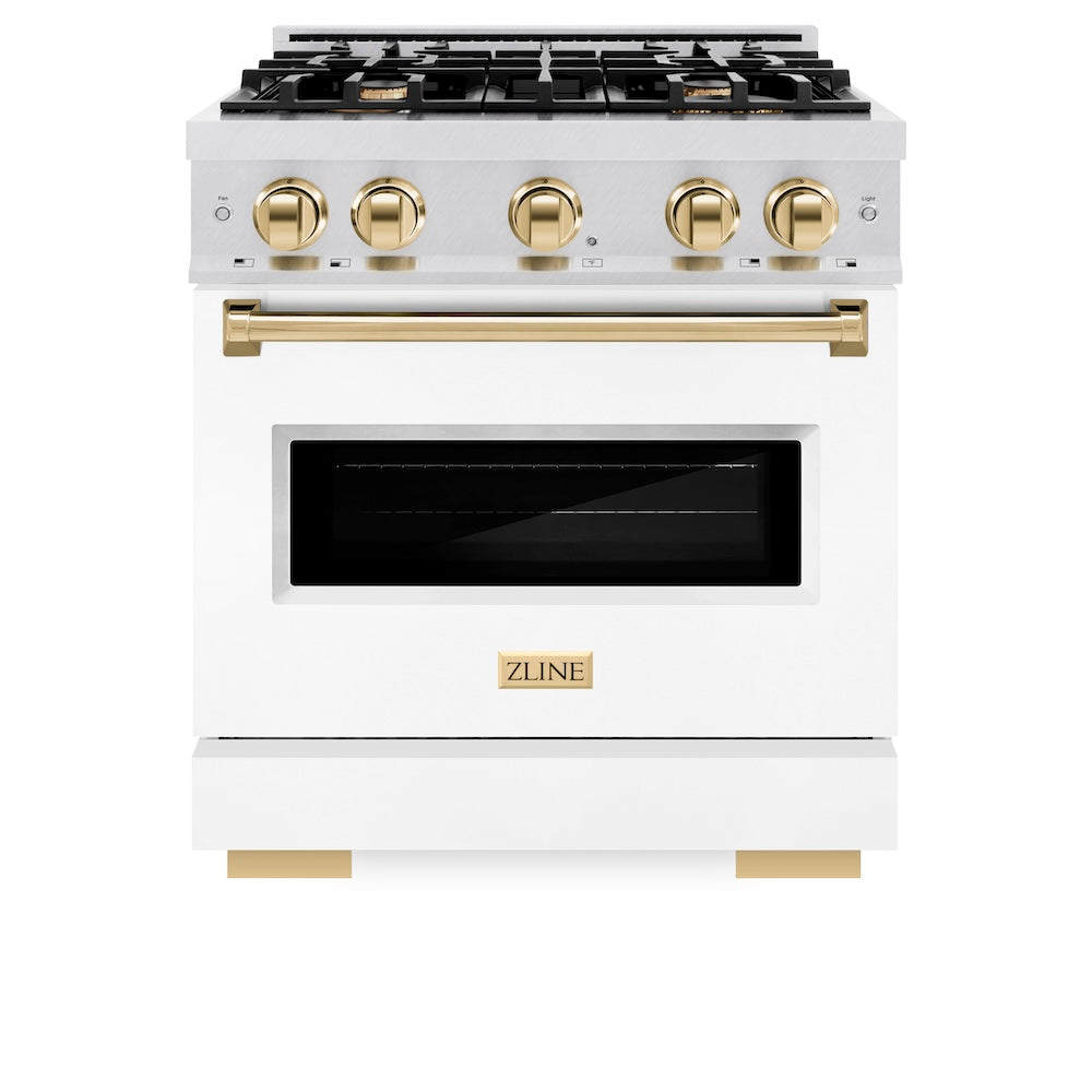 ZLINE Autograph Edition 30 in. 4.2 cu. ft. Classic Gas Range with 4 Burner Cooktop and Convection Gas Oven in Satin Stainless Steel with White Matte Door and Polished Gold Accents (CGRSZ-WM-30-G)