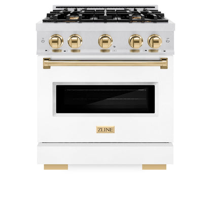 ZLINE Autograph Edition 30 in. 4.2 cu. ft. Classic Gas Range with 4 Burner Cooktop and Convection Gas Oven in Satin Stainless Steel with White Matte Door and Polished Gold Accents (CGRSZ-WM-30-G)