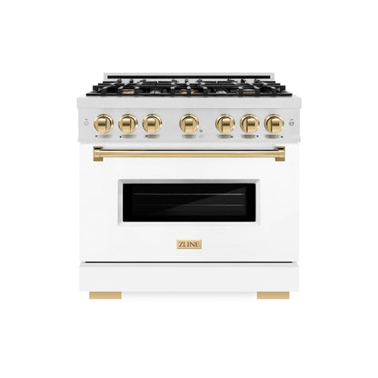 ZLINE Autograph Edition 36 in. 5.2 cu. ft. Classic Gas Range with 6 Burner Cooktop and Convection Gas Oven in Satin Stainless Steel with White Matte Door and Polished Gold Accents (CGRSZ-WM-36-G)