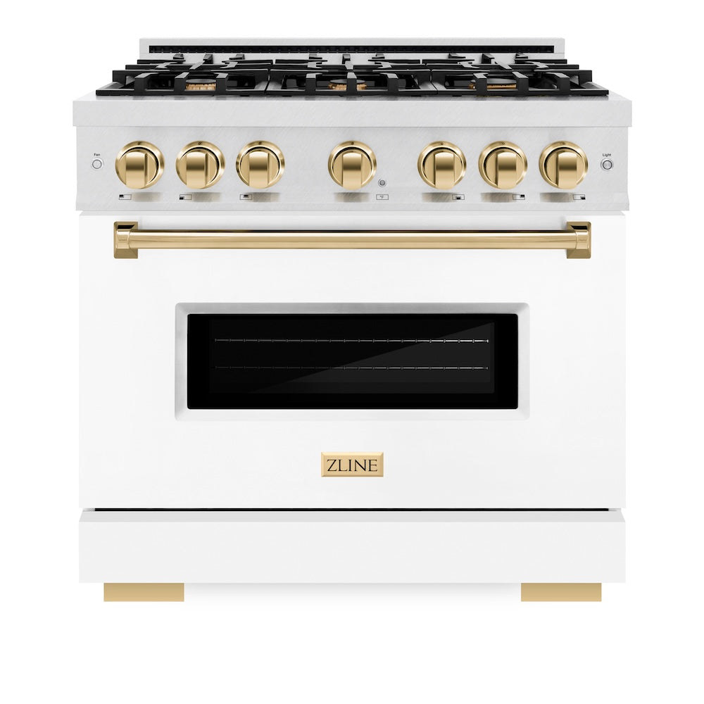 ZLINE Autograph Edition 36 in. 5.2 cu. ft. Classic Gas Range with 6 Burner Cooktop and Convection Gas Oven in Satin Stainless Steel with White Matte Door and Polished Gold Accents (CGRSZ-WM-36-G)