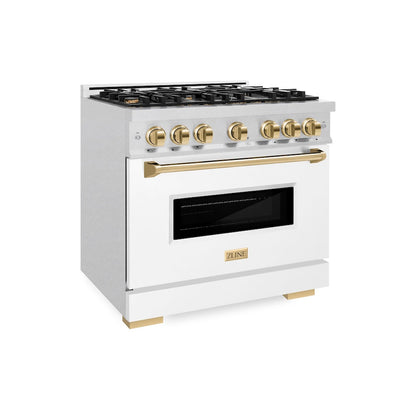 ZLINE Autograph Edition 36 in. 5.2 cu. ft. Classic Gas Range with 6 Burner Cooktop and Convection Gas Oven in Satin Stainless Steel with White Matte Door and Polished Gold Accents (CGRSZ-WM-36-G)