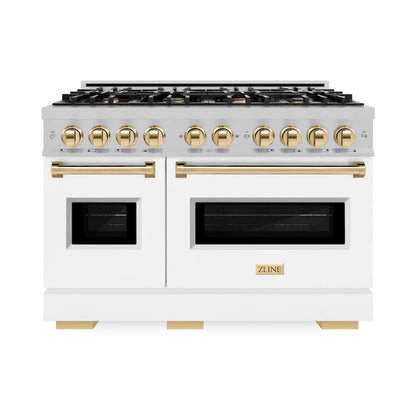 ZLINE Autograph Edition 48 in. 6.7 cu. ft. Classic Double Oven Gas Range with 8 Burner Cooktop in Satin Stainless Steel with White Matte Doors and Polished Gold Accents (CGRSZ-WM-48-G)