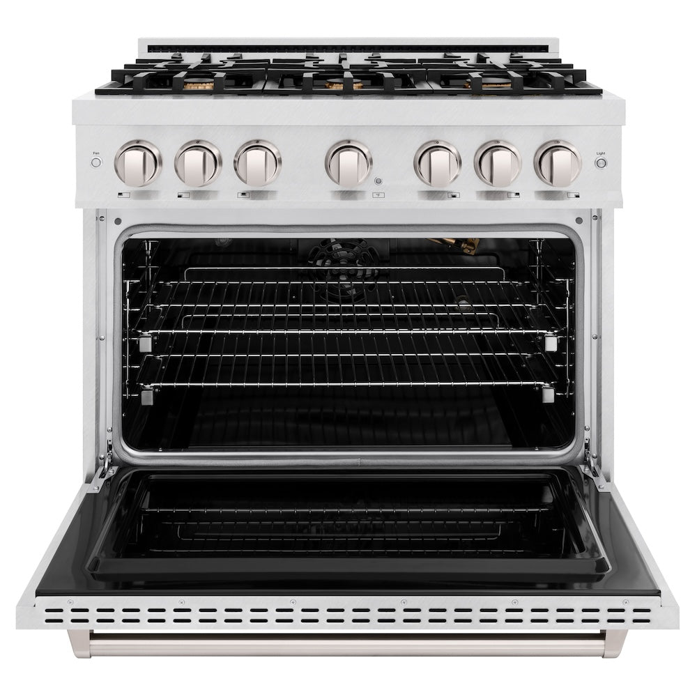ZLINE 36 in. 5.2 cu. ft. Classic Gas Range with Convection Gas Oven in Satin Stainless Steel with 6 Brass Burners (CGRS-BR-36)