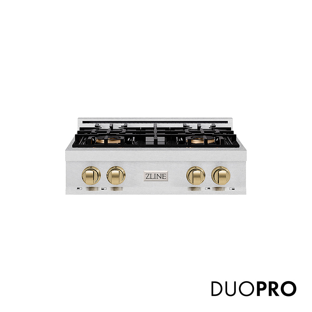 ZLINE Autograph Edition 30 in. Classic Gas Rangetop with 4 Burner DuoPro™ Cooktop in Satin Stainless Steel and Champagne Bronze Accents (PCRTSZ-30-CB)