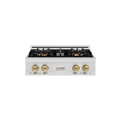 ZLINE Autograph Edition 30 in. Classic Gas Rangetop with 4 Burner DuoPro™ Cooktop in Satin Stainless Steel and Champagne Bronze Accents (PCRTSZ-30-CB)