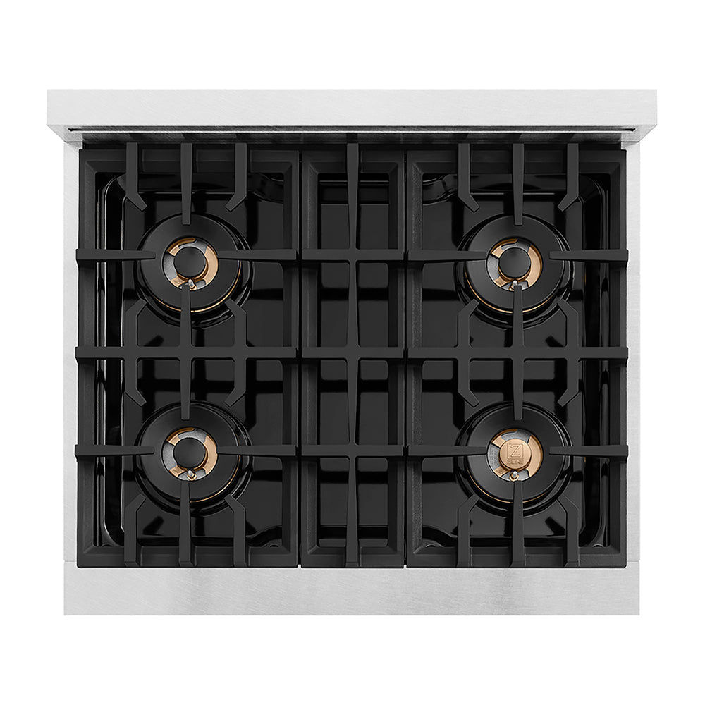 ZLINE Autograph Edition 30 in. Classic Gas Rangetop with 4 Burner DuoPro™ Cooktop in Satin Stainless Steel and Polished Gold Accents (PCRTSZ-30-G)