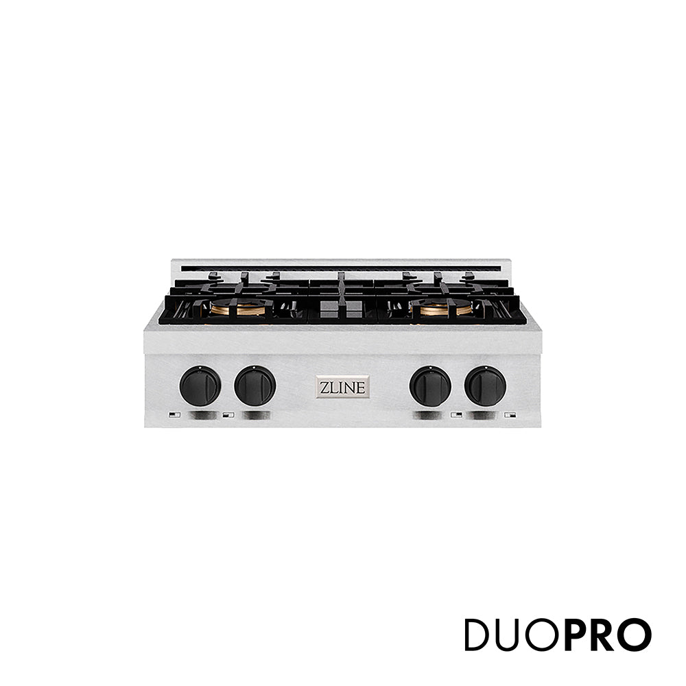 ZLINE Autograph Edition 30 in. Classic Gas Rangetop with 4 Burner DuoPro™ Cooktop in Satin Stainless Steel and Matte Black Accents (PCRTSZ-30-MB)