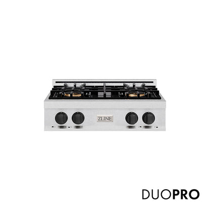 ZLINE Autograph Edition 30 in. Classic Gas Rangetop with 4 Burner DuoPro™ Cooktop in Satin Stainless Steel and Matte Black Accents (PCRTSZ-30-MB)