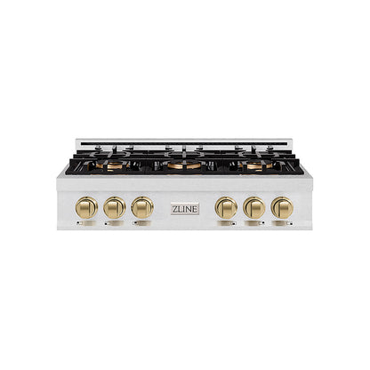 ZLINE Autograph Edition 36 in. Classic Gas Rangetop with 6 Burner DuoPro™ Cooktop in Satin Stainless Steel and Champagne Bronze Accents (PCRTSZ-36-CB)