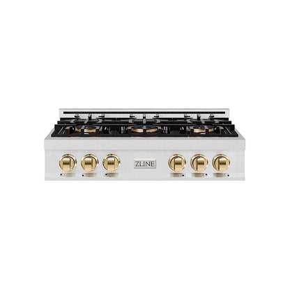 ZLINE Autograph Edition 36 in. Classic Gas Rangetop with 6 Burner DuoPro™ Cooktop in Satin Stainless Steel and Polished Gold Accents (PCRTSZ-36-G)