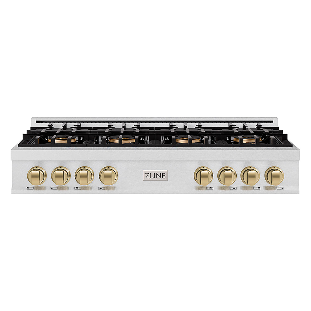 ZLINE Autograph Edition 48 in. Classic Gas Rangetop with 8 Burner DuoPro™ Cooktop in Satin Stainless Steel and Champagne Bronze Accents (PCRTSZ-48-CB)