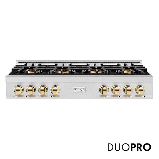 ZLINE Autograph Edition 48 in. Classic Gas Rangetop with 8 Burner DuoPro™ Cooktop in Satin Stainless Steel and Polished Gold Accents (PCRTSZ-48-G)