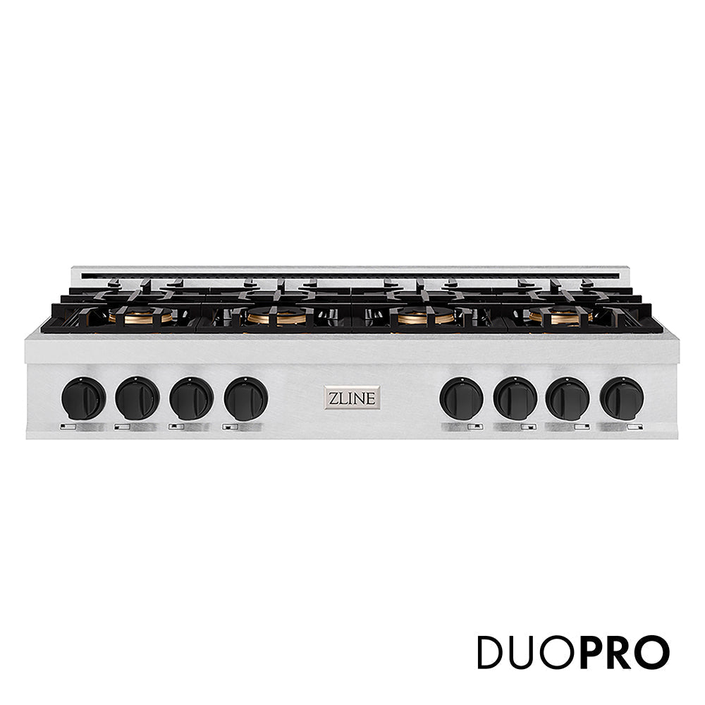 ZLINE Autograph Edition 48 in. Classic Gas Rangetop with 8 Burner DuoPro™ Cooktop in Satin Stainless Steel and Matte Black Accents (PCRTSZ-48-MB)