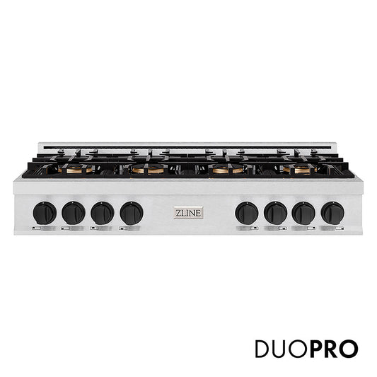 ZLINE Autograph Edition 48 in. Classic Gas Rangetop with 8 Burner DuoPro™ Cooktop in Satin Stainless Steel and Matte Black Accents (PCRTSZ-48-MB)
