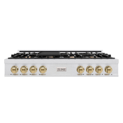 ZLINE Autograph Edition 48 in. Classic Gas Rangetop with 8 Burners and Porcelain Cooktop in Satin Stainless Steel with Champagne Bronze Accents (RTSZ-48-CB)