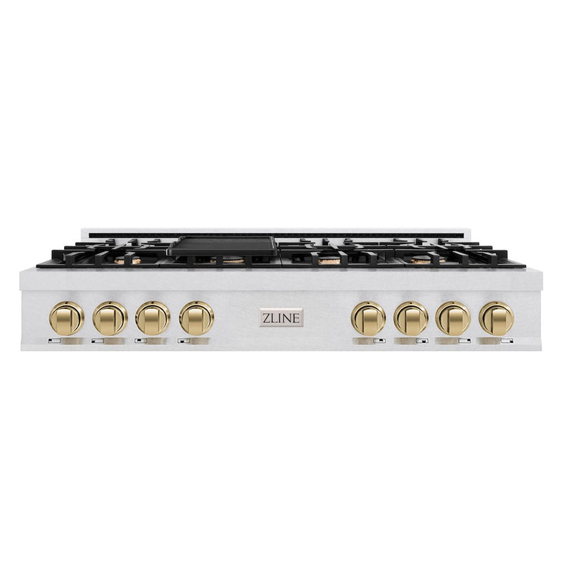 ZLINE Autograph Edition 48 in. Classic Gas Rangetop with 8 Burners and Porcelain Cooktop in Satin Stainless Steel with Champagne Bronze Accents (RTSZ-48-CB)
