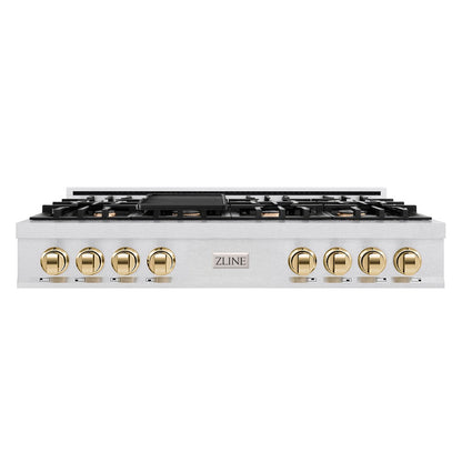 ZLINE Autograph Edition 48 in. Classic Gas Rangetop with 8 Burners and Porcelain Cooktop in Satin Stainless Steel with Polished Gold Accents (RTSZ-48-G)